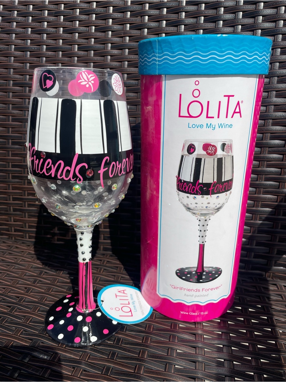 Lolita Love My Wine Glass "Girlfriends Forever" Striped Pink Polka Dot NWT